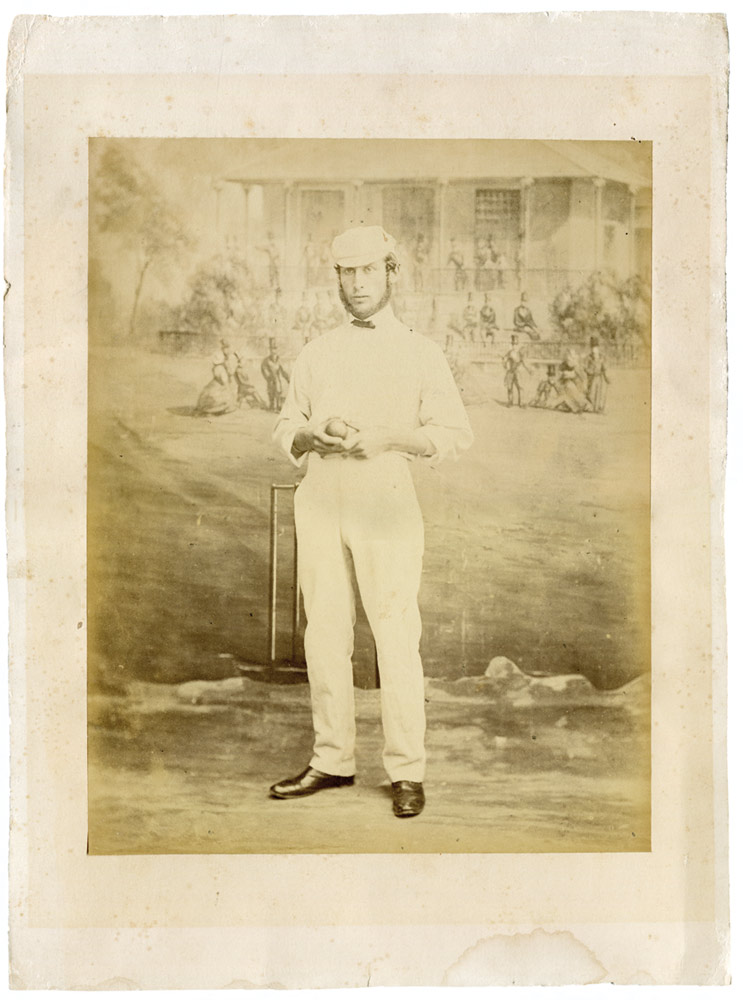 Edward Mills Grace. Large original sepia studio posed photograph of Grace in full cricket attire and