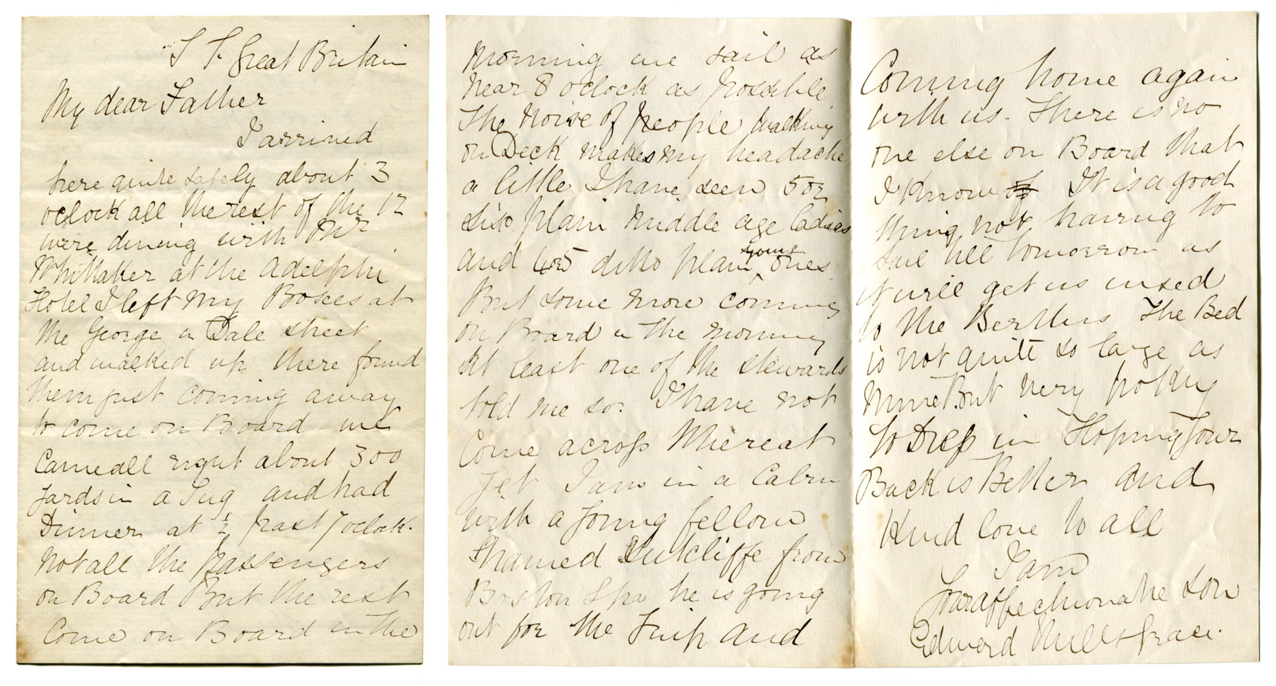 Edward Mills Grace. Handwritten three page letter from Grace to his Father written from on board the