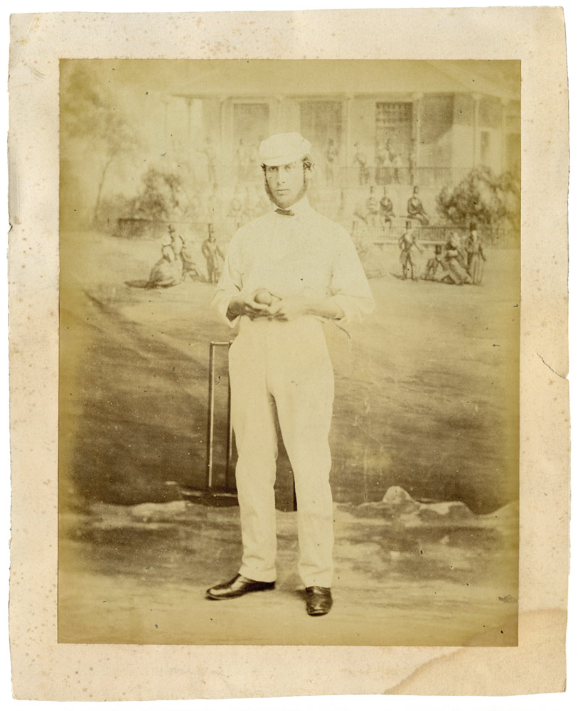 Edward Mills Grace. Large original sepia studio posed photograph of Grace in full cricket attire and