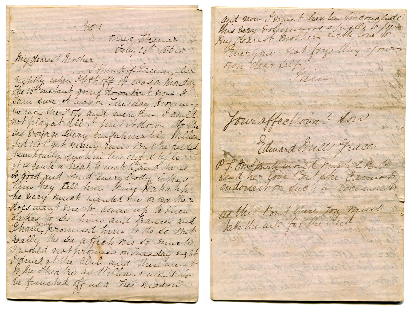 Edward Mills Grace. Handwritten twenty page letter from Grace to his Mother written on board a