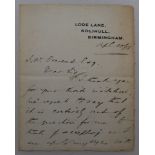 Frank Rowbotham Foster. Warwickshire & England 1908-1914. Three page handwritten letter on ‘Lode