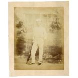 Edward Mills Grace. Large original sepia studio posed photograph of Grace in full cricket attire and