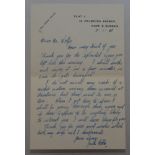 Jack Hobbs. Surrey & England. Single page handwritten letter written in later years addressed to a