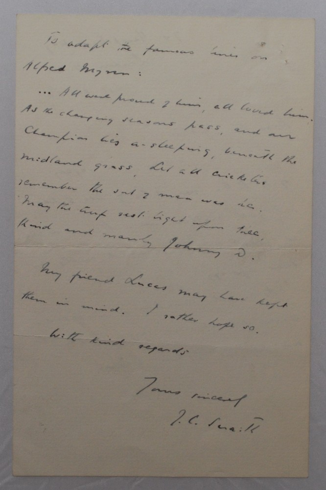 John Collis Snaith. Nottinghamshire (one match) 1900. Two page handwritten letter from Snaith, dated