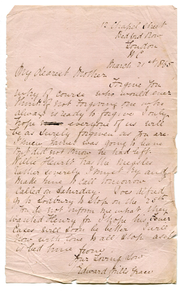 Edward Mills Grace. Handwritten one page letter from Grace to his Mother written from 12 Chapel