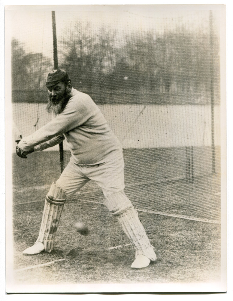 William Gilbert Grace. Three mono photographs of W.G. Grace batting in the nets wearing hooped - Image 2 of 3