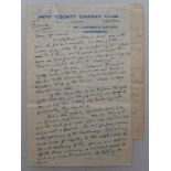 Gerald de Lisle Hough. Kent 1919-1920. Two page handwritten letter on official Kent County Cricket