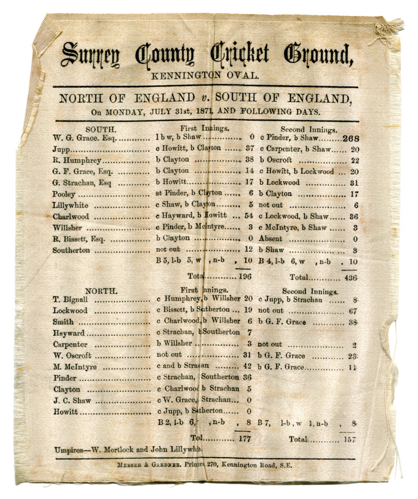 North of England v South of England 1871. Very early original silk scorecard for the match played at