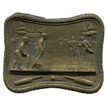 Cricket belt buckle clasp. Victorian brass metal embossed belt buckle, depicting a cricket match