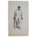 Jack Hobbs. Original pen and ink sketch of Hobbs walking out to bat by Royman Browne, 1963,