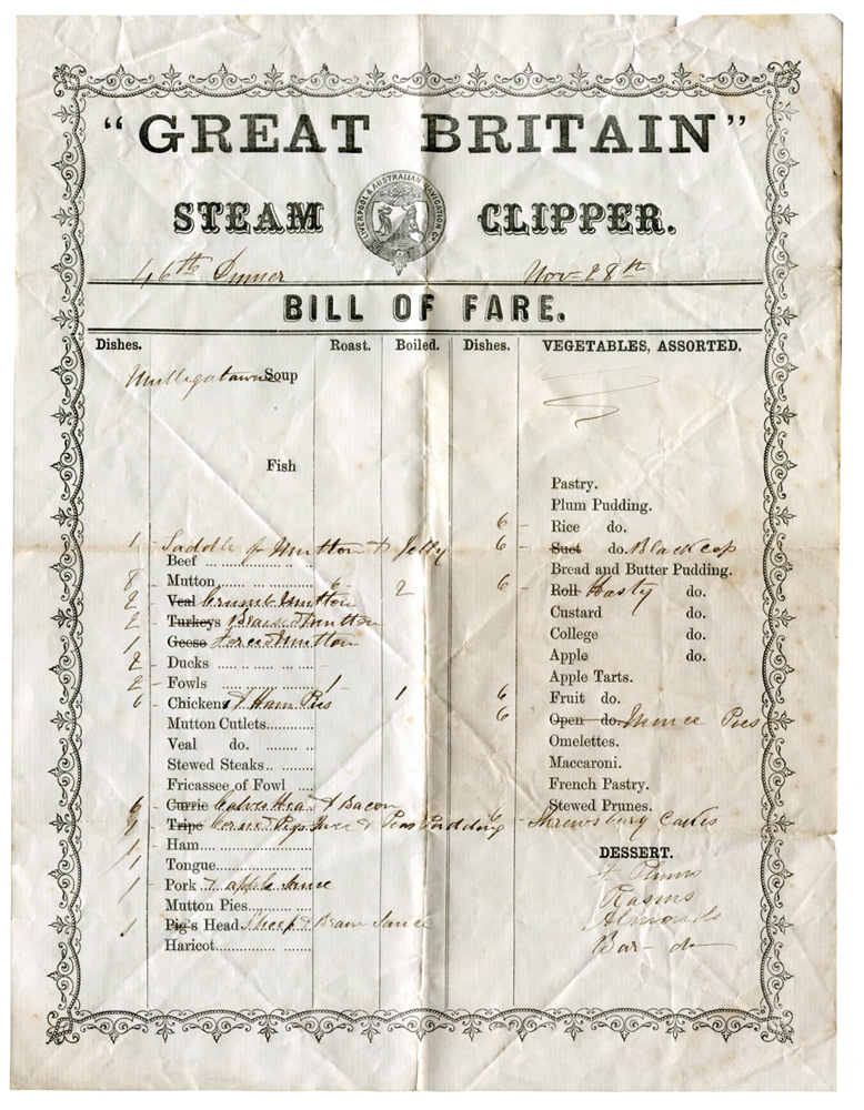 ‘S.S. Great Britain, Liverpool & Australian Navigation Co, Steam Clipper’. Original printed ‘Bill of