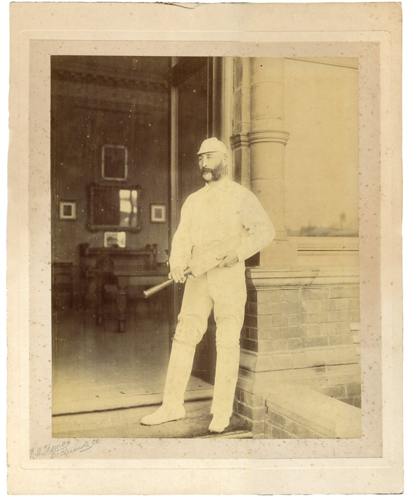 Edward Mills Grace. Large original sepia photograph of Grace in full cricket attire and wearing a