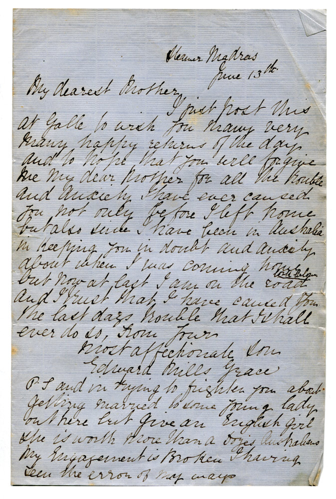 Edward Mills Grace. Handwritten one page letter from Grace to his Mother written from on board the