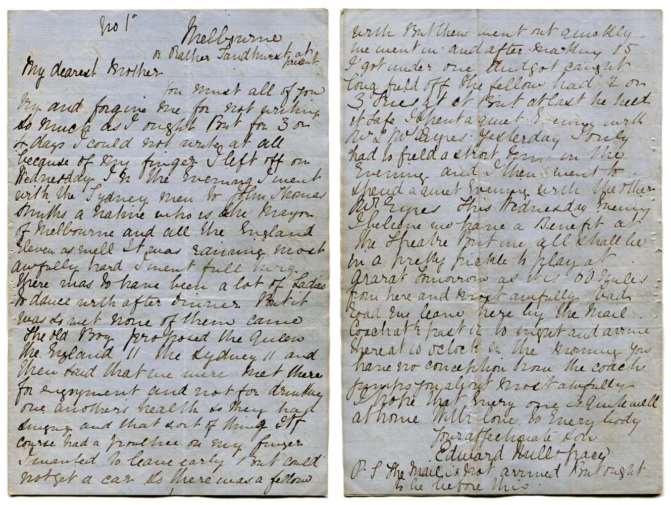 Edward Mills Grace.  Handwritten twelve page letter from Grace to his Mother, Martha, written from