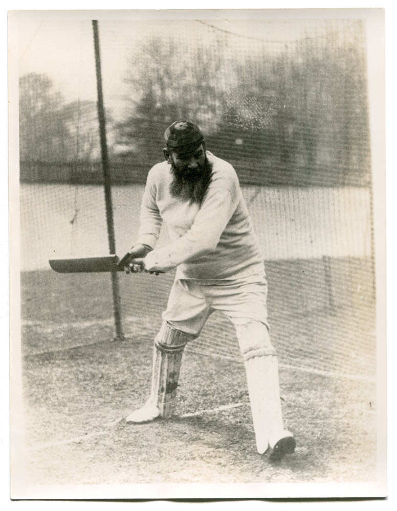 William Gilbert Grace. Three mono photographs of W.G. Grace batting in the nets wearing hooped