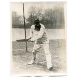 William Gilbert Grace. Three mono photographs of W.G. Grace batting in the nets wearing hooped