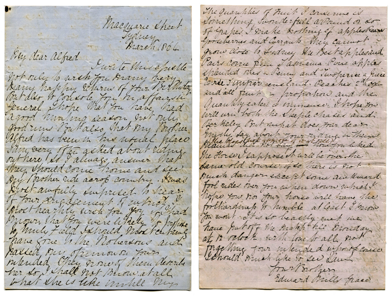 Edward Mills Grace. Handwritten eight page letter from Grace to his Brother, Alfred, written from