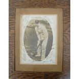 Victor Trumper. Sepia gelatin silver print portrait cameo photograph of Trumper in batting stance