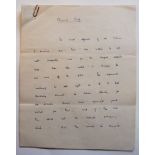 ‘Playing Back’. Thirteen page hand written manuscript written by Hutton, probably for an