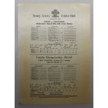 Surrey v Lancashire 1956. A large official commemorative silk scorecard for the Championship match