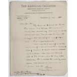 Henry Russell Wray. Single page handwritten letter on official ‘The American Cricketer’ headed