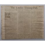 ‘The London Evening Post’. Early and original ‘tabloid’ size four page newspaper for 17th to 19th