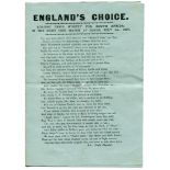 Albert Craig. Four page printed pamphlet, ‘’England’s Choice’. ‘Against Their Worthy Foe, South