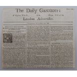 ‘The Daily Gazetteer’. Early and original ‘tabloid’ cutting of the first two pages of the