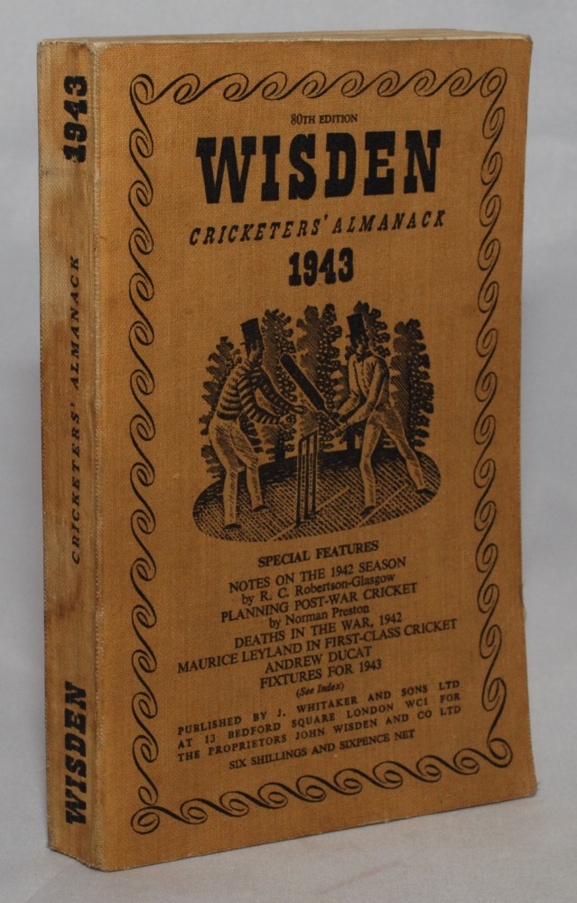 Wisden Cricketers’ Almanack 1943. 80th edition. Original limp cloth covers. Only 5600 paper copies