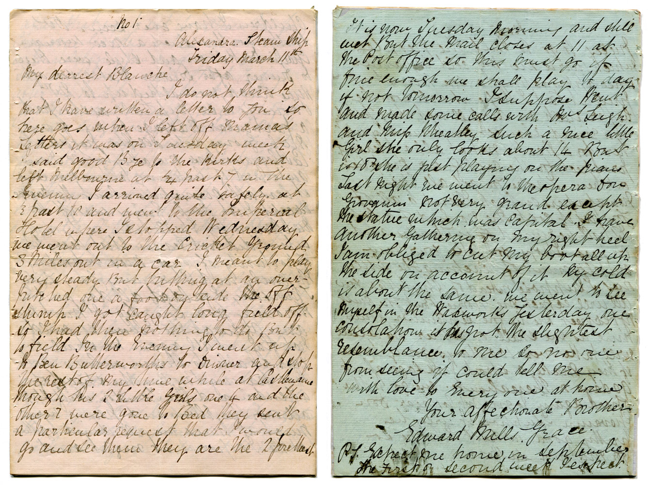 Edward Mills Grace. Handwritten eighteen page letter from Grace to his Sister, Blanche written on