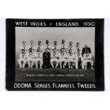 West Indies tour to England 1950. Large advertising card for ‘Odoma Serges, Flannels, Tweeds’ of the