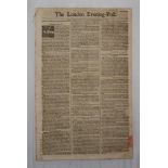 The London Evening Post'. Early and original four page newspaper, with revenue stamp, for 8th to