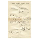 William Gilbert Grace. Gloucestershire & England. 1865-1908. One page handwritten letter, on