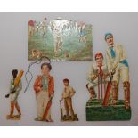 Victorian cricket scraps. Good selection of five cricket related scraps, two advertising 'Enameline'