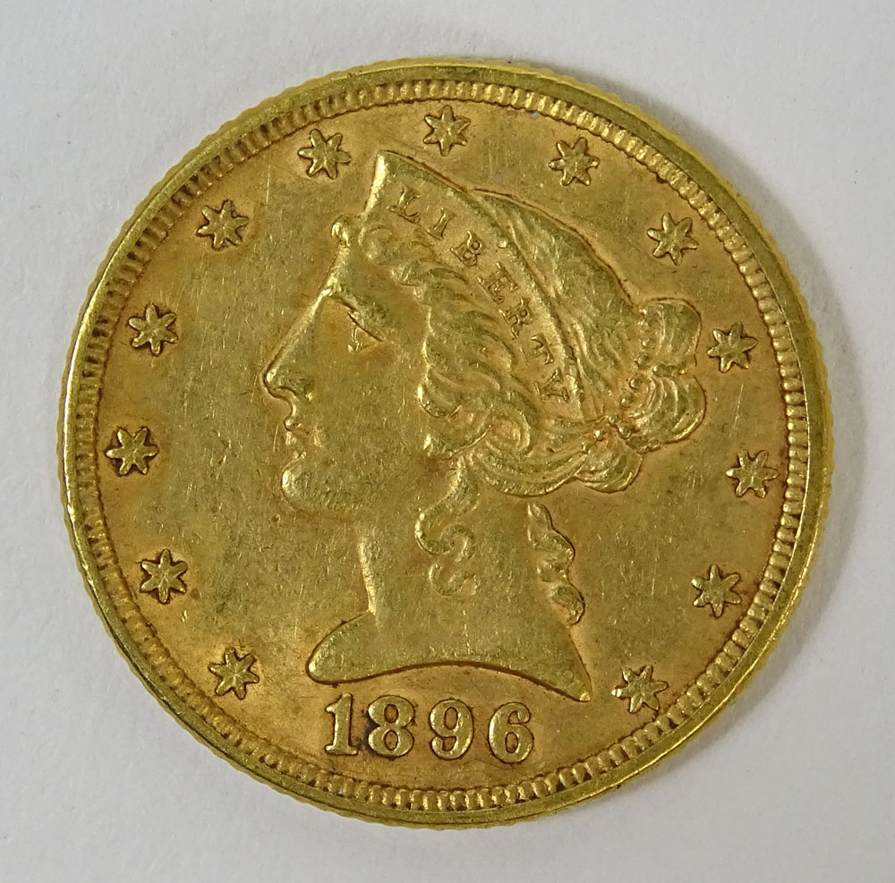1896 US $5 Liberty Head Gold Coin. Weighs 5.35 Pennyweights. This Coin is NOT Professionally Graded,