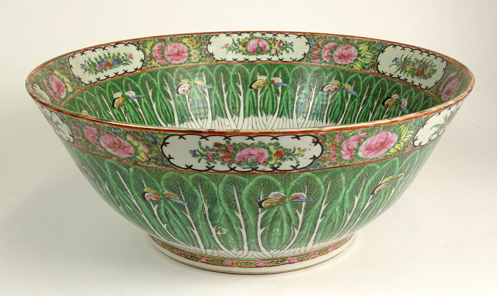 Vintage Chinese Export Porcelain Rose Medallion Punch Bowl. Butterfly Motif. Unsigned. Wear to