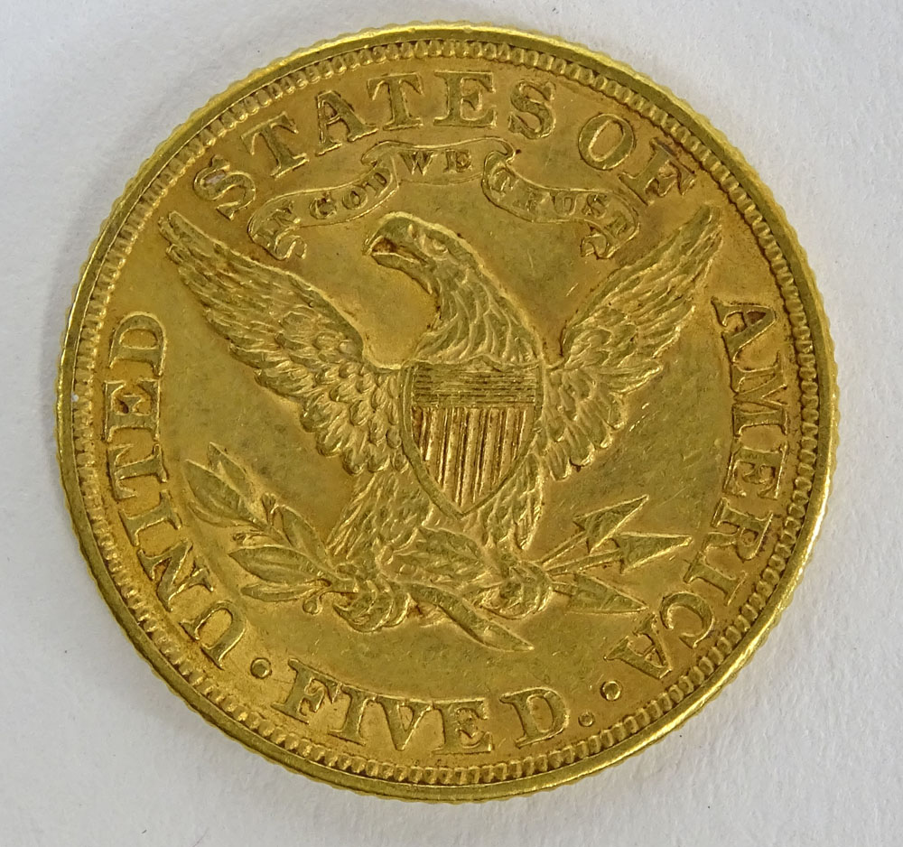 1896 US $5 Liberty Head Gold Coin. Weighs 5.35 Pennyweights. This Coin is NOT Professionally Graded, - Image 2 of 2
