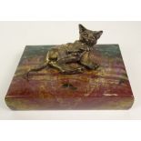 20th Century Italian Nardi Semi Precious Bloodstone Box with Mounted Bronze Kitten On Lid. Label