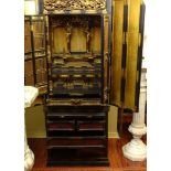 Early 20th Century Chinese Brass Mounted Lacquered and Gilt Wood Two Part Altar Cabinet with