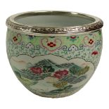 Chinese Hand Painted Porcelain Jardini?re with Later French Sterling Silver Rim. Two Hand Painted