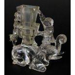 Vintage Chinese Carved Rock Crystal Figurine. Depicting a Man, a Cat Atop A Elephant. Unsigned. Very