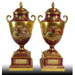 Pair of Antique Hand Painted Royal Vienna Porcelain Urns with Lids. Both Nicely Decorated with