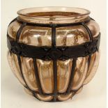 Large Circa 1920 French Daum and Louis Majorelle Blown Out Gold Flecked Glass and Wrought Iron Vase.