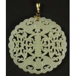 Chinese Openwork Carved White Jade and 14 Karat Yellow Gold Pendant with Longevity Symbol and