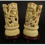 Pair Chinese Carved Ivory Foo Dogs on Hardwood Stands. Inset Coral Eyes. Deep Relief Carving.