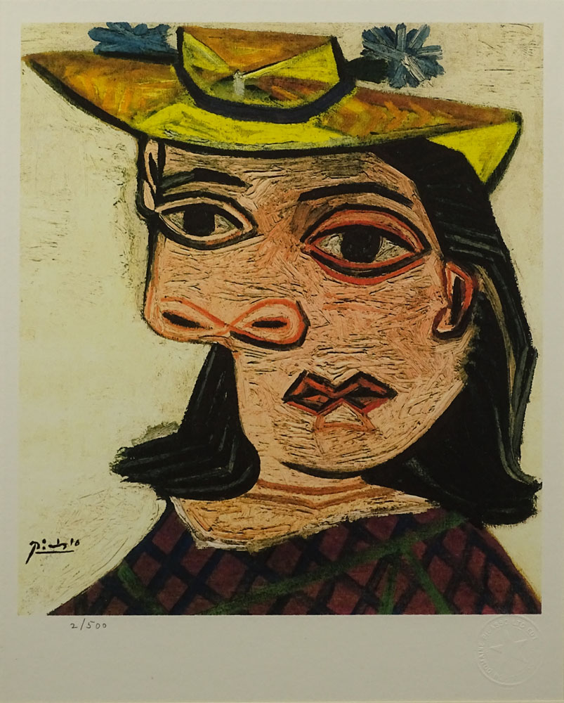 Pablo Picasso, Spanish (1881-1973) Color Print "Lady In Hat"  Signed in Print Numbered In Pencil