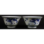 Pair of Chinese Qing Dynasty Kangxi (1662-1722) Blue and White Porcelain Bowls. Each With a