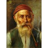 Raffaele Frigerio, Italian (1875-1948) Oil on Canvas "The Pipe Smoker" Signed Lower Left R.