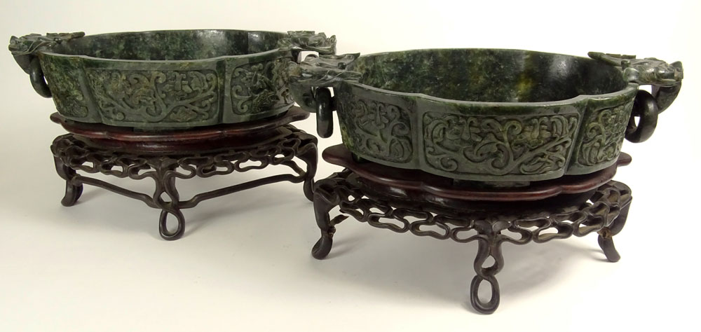 Pair of Large Antique Chinese Carved Spinach Jade Wedding Bowls on Carved Hardwood Stands. Figural