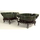 Pair of Large Antique Chinese Carved Spinach Jade Wedding Bowls on Carved Hardwood Stands. Figural